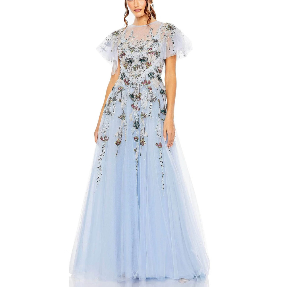 Mac Duggal Flounce Sleeve Embellished Dress Periwinkle Tulle Size 14 NWT 20436